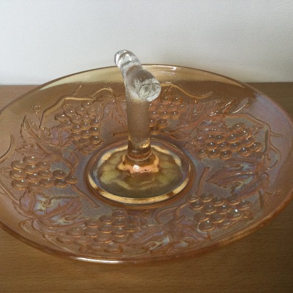 Vintage Carnival luster Glass serving tray plate with handle grapes motif Amber - Picture 1 of 7